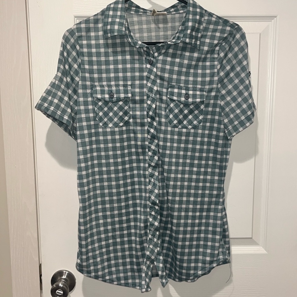 Green and white checkered button up